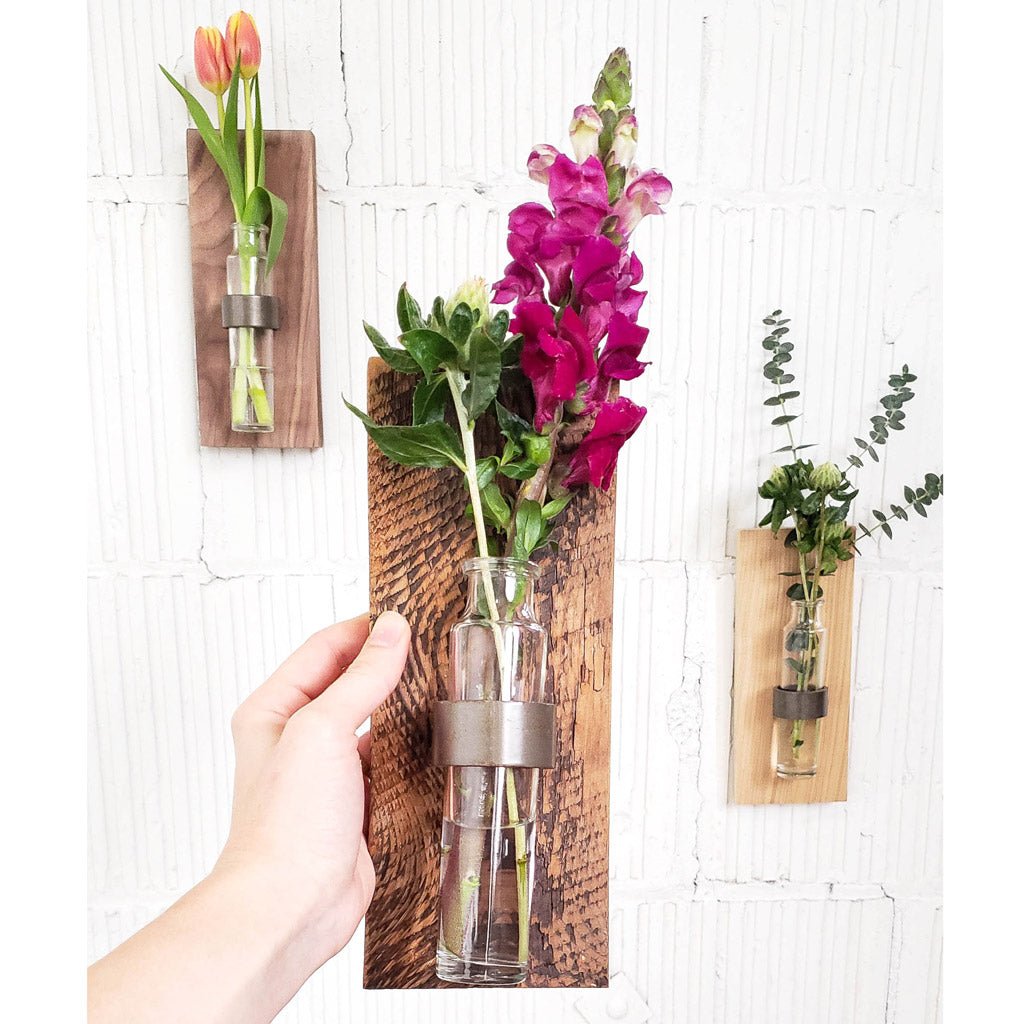 Wooden Wall Vase — Reclaimed Pine / Single Wall Sconce / Steel Grey